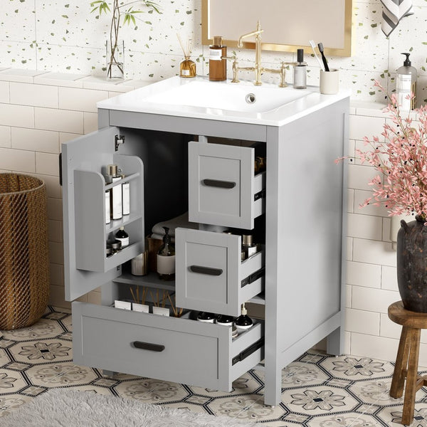 English Elm Modern 24 Inch Bathroom Vanity Solid Wood Cabinet with Ceramic Sink and Soft Close Storage Gray N729P292859E