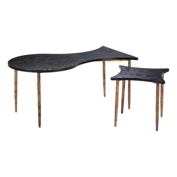 HomeRoots Set of Two Free-Form Black Wood and Distressed Bronze Steel Coffee and End Tables for Modern Living 572203