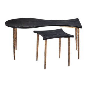 HomeRoots Set of Two Free-Form Black Wood and Distressed Bronze Steel Coffee and End Tables for Modern Living 572203