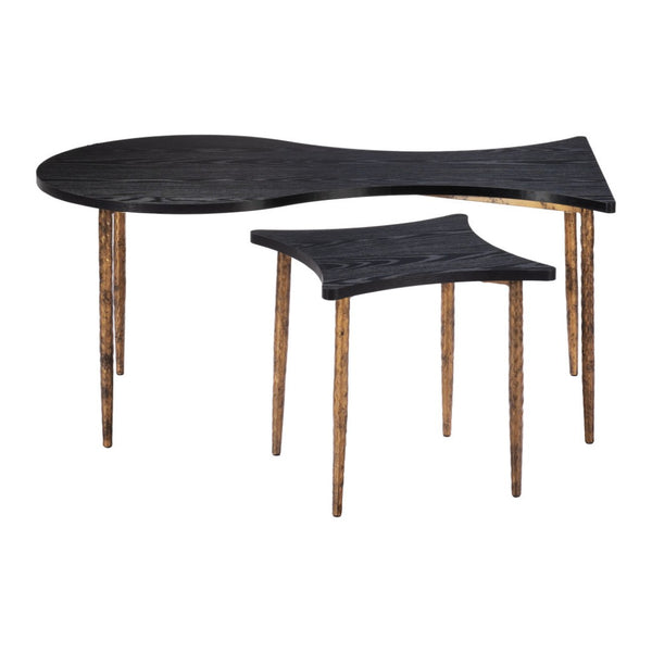 HomeRoots Set of Two Free-Form Black Wood and Distressed Bronze Steel Coffee and End Tables for Modern Living 572203