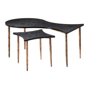 HomeRoots Set of Two Free-Form Black Wood and Distressed Bronze Steel Coffee and End Tables for Modern Living 572203