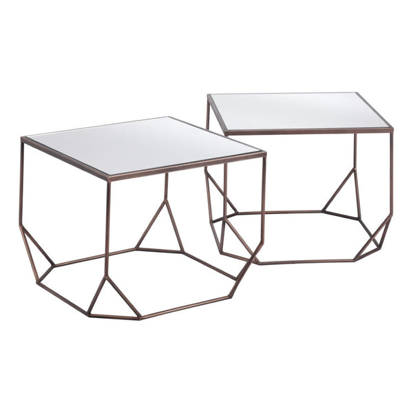 HomeRoots Set of Two Glamorous Square Mirrored Glass and Steel Coffee Tables for Modern Living Spaces 572205