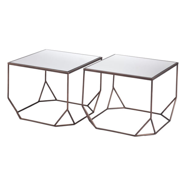 HomeRoots Set of Two Glamorous Square Mirrored Glass and Steel Coffee Tables for Modern Living Spaces 572205