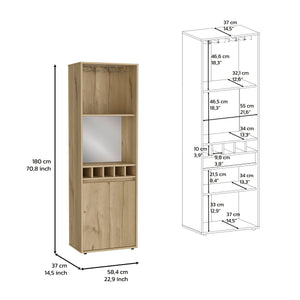 English Elm Bar Double Door Cabinet 70.8" High Light Oak Beige w/ 12-Glass Rack, 5 Bottle Cubbies & 2 Shelves B097S00154