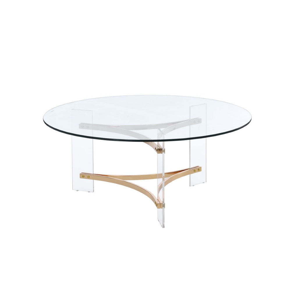 HomeRoots 41" Clear and Gold Round Coffee Table - Chic Acrylic and Brass Design for Modern Living Spaces 572210