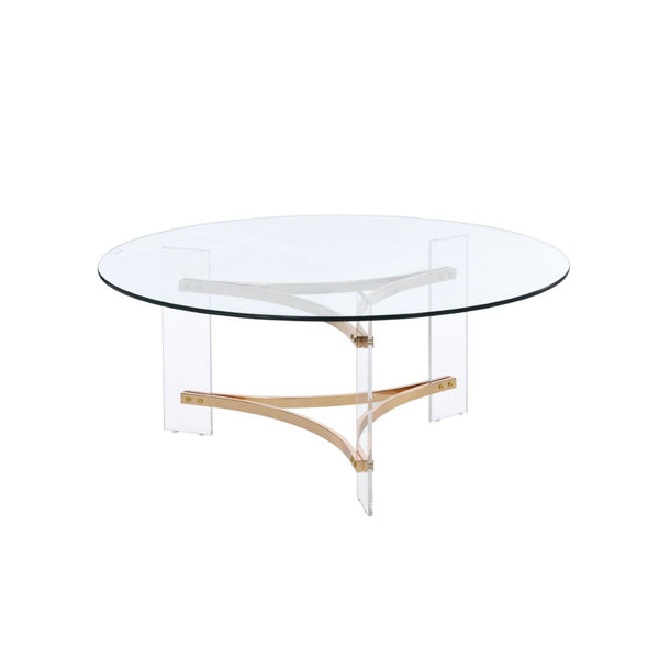 HomeRoots 41" Clear and Gold Round Coffee Table - Chic Acrylic and Brass Design for Modern Living Spaces 572210