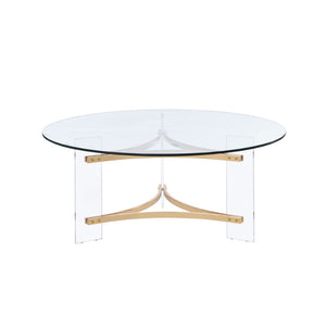 HomeRoots 41" Clear and Gold Round Coffee Table - Chic Acrylic and Brass Design for Modern Living Spaces 572210