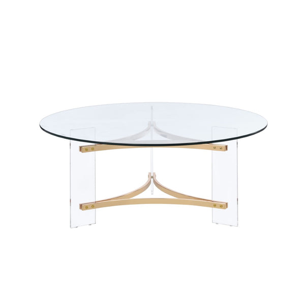 HomeRoots 41" Clear and Gold Round Coffee Table - Chic Acrylic and Brass Design for Modern Living Spaces 572210