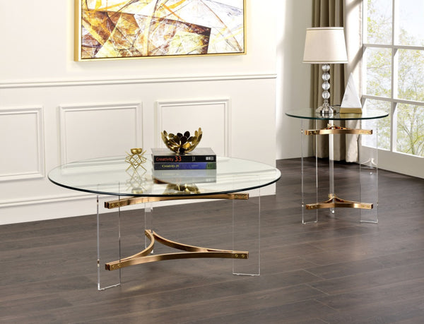 HomeRoots 41" Clear and Gold Round Coffee Table - Chic Acrylic and Brass Design for Modern Living Spaces 572210