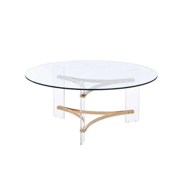 HomeRoots 41" Clear and Gold Round Coffee Table - Chic Acrylic and Brass Design for Modern Living Spaces 572210