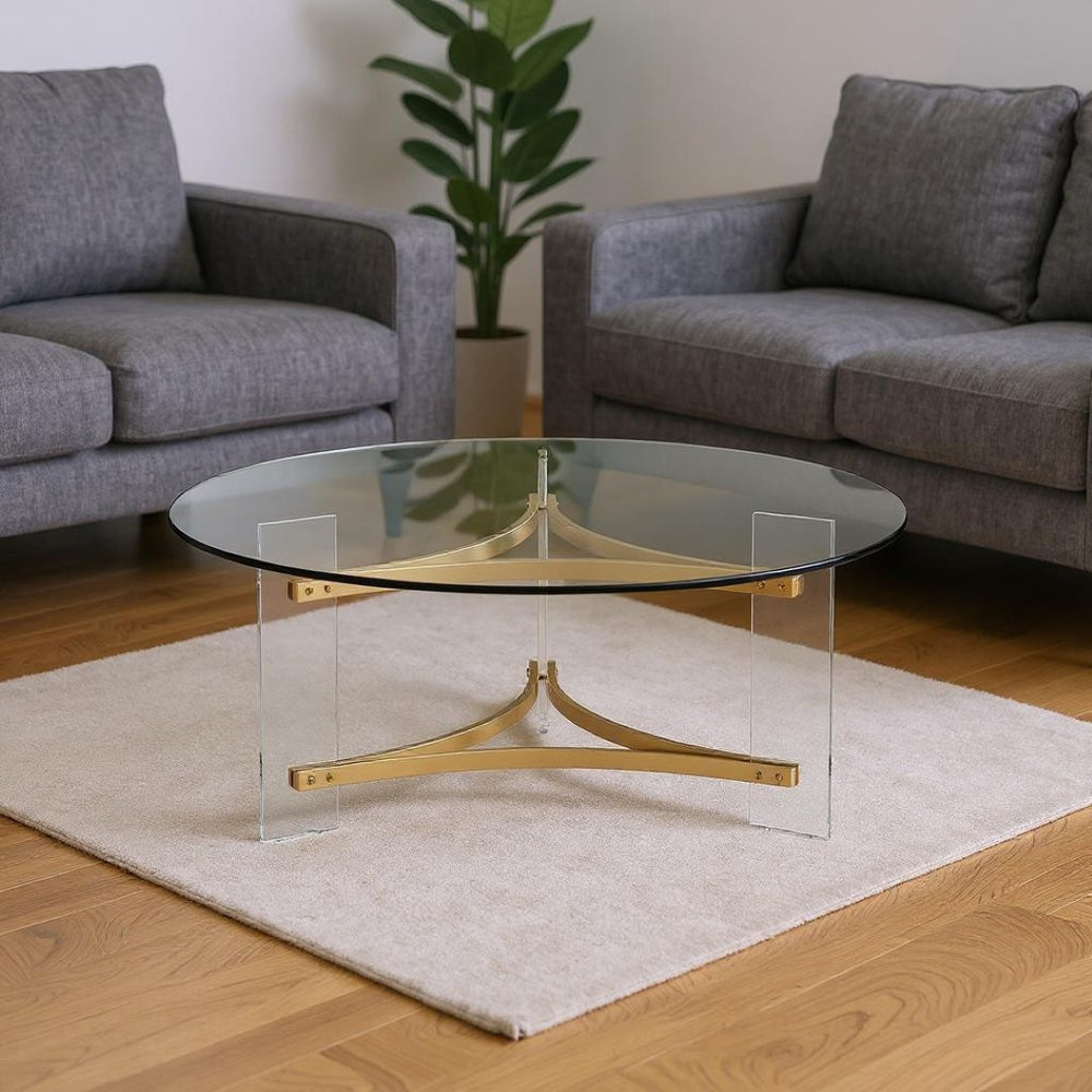 HomeRoots 41" Clear and Gold Round Coffee Table - Chic Acrylic and Brass Design for Modern Living Spaces 572210