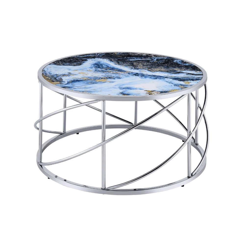 HomeRoots 33" Blue Faux Marble Round Coffee Table with Silver Geometric Frame - Modern Design for Living Spaces 572211