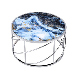 HomeRoots 33" Blue Faux Marble Round Coffee Table with Silver Geometric Frame - Modern Design for Living Spaces 572211