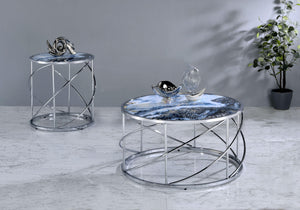 HomeRoots 33" Blue Faux Marble Round Coffee Table with Silver Geometric Frame - Modern Design for Living Spaces 572211
