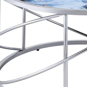 HomeRoots 33" Blue Faux Marble Round Coffee Table with Silver Geometric Frame - Modern Design for Living Spaces 572211