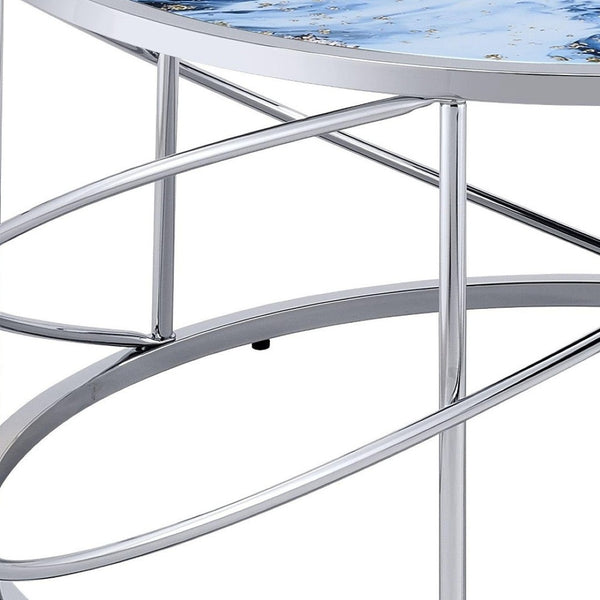 HomeRoots 33" Blue Faux Marble Round Coffee Table with Silver Geometric Frame - Modern Design for Living Spaces 572211