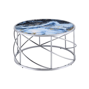HomeRoots 33" Blue Faux Marble Round Coffee Table with Silver Geometric Frame - Modern Design for Living Spaces 572211