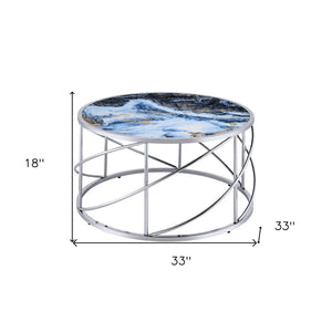 HomeRoots 33" Blue Faux Marble Round Coffee Table with Silver Geometric Frame - Modern Design for Living Spaces 572211