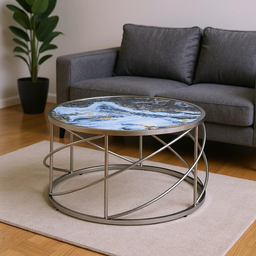 HomeRoots 33" Blue Faux Marble Round Coffee Table with Silver Geometric Frame - Modern Design for Living Spaces 572211