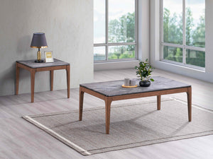 Homeroots 47" Stylish Gray And Walnut Stone Coffee Table - Elegant Solid Wood Design For Modern Living Rooms   572213