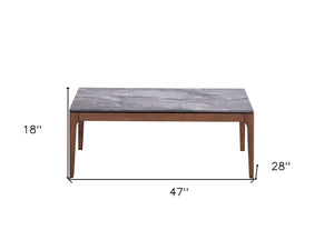 Homeroots 47" Stylish Gray And Walnut Stone Coffee Table - Elegant Solid Wood Design For Modern Living Rooms   572213