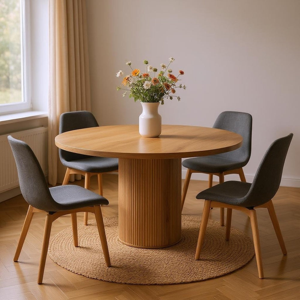 HomeRoots 56" Brown Solid Wood Pedestal Dining Table with Ribbed Texture - Stylish, Durable, Modern Design 572214