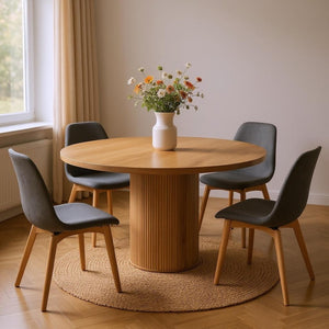 HomeRoots 56" Brown Solid Wood Pedestal Dining Table with Ribbed Texture - Stylish, Durable, Modern Design 572214