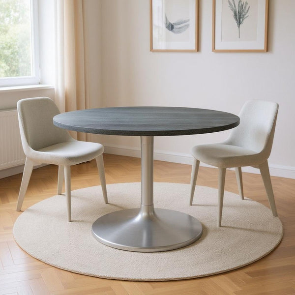 HomeRoots 60" Gray Marble Round Dining Table with Silver Aluminum Pedestal Base for Modern Elegance & Comfort 572221