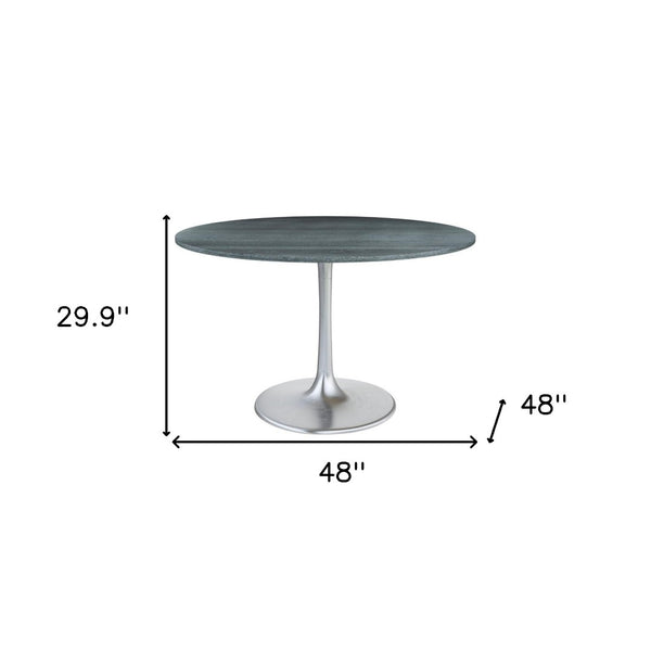 HomeRoots 48" Contemporary Gray and Silver Marble Dining Table with Sleek Aluminum Pedestal Base for 4 572222