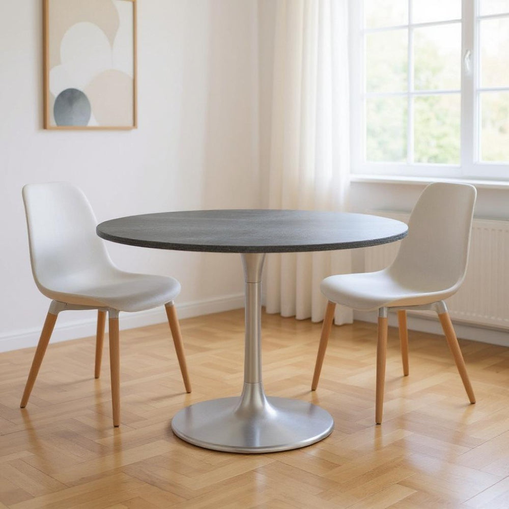 HomeRoots 48" Contemporary Gray and Silver Marble Dining Table with Sleek Aluminum Pedestal Base for 4 572222