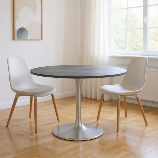 HomeRoots 48" Contemporary Gray and Silver Marble Dining Table with Sleek Aluminum Pedestal Base for 4 572222