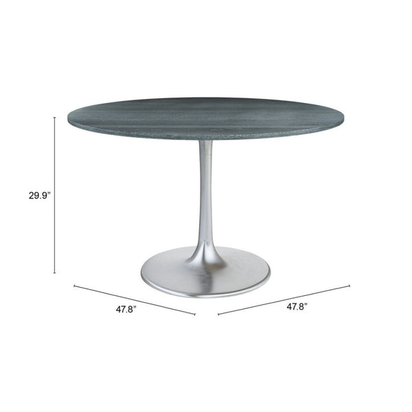 HomeRoots 48" Contemporary Gray and Silver Marble Dining Table with Sleek Aluminum Pedestal Base for 4 572222