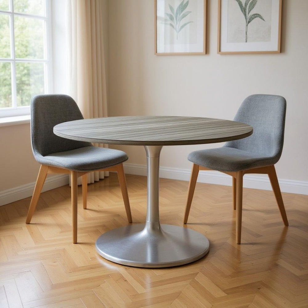 HomeRoots 60" Gray Marble Round Dining Table with Silver Aluminum Pedestal Base for Modern Elegance & Style 572223