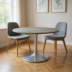 HomeRoots 60" Gray Marble Round Dining Table with Silver Aluminum Pedestal Base for Modern Elegance & Style 572223