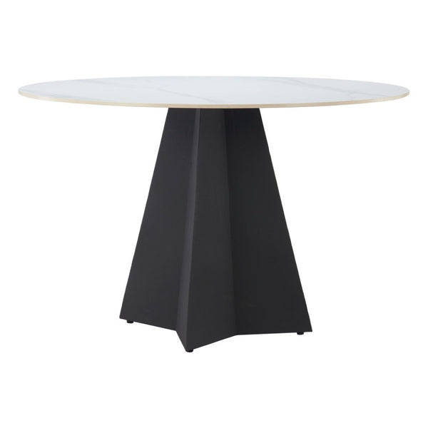 HomeRoots 48" Modern Round Dining Table with White Sintered Stone Top and Stylish Black Steel Pedestal Base 572234