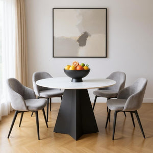 HomeRoots 48" Modern Round Dining Table with White Sintered Stone Top and Stylish Black Steel Pedestal Base 572234
