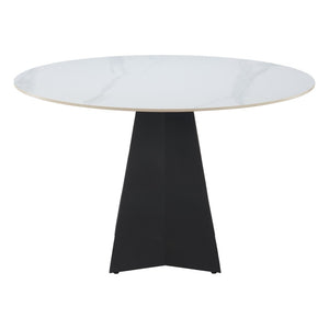 HomeRoots 48" Modern Round Dining Table with White Sintered Stone Top and Stylish Black Steel Pedestal Base 572234