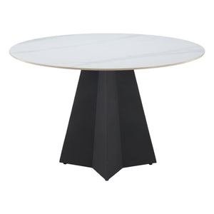 HomeRoots 48" Modern Round Dining Table with White Sintered Stone Top and Stylish Black Steel Pedestal Base 572234