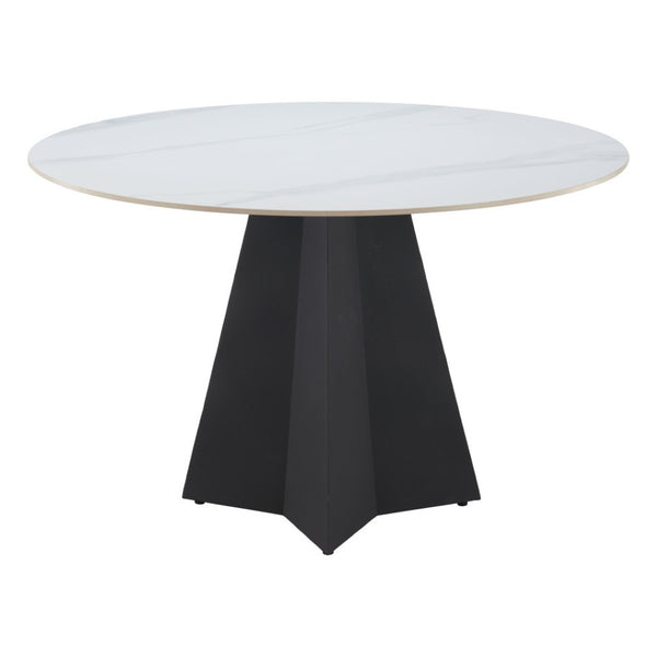 HomeRoots 48" Modern Round Dining Table with White Sintered Stone Top and Stylish Black Steel Pedestal Base 572234