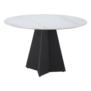 HomeRoots 48" Modern Round Dining Table with White Sintered Stone Top and Stylish Black Steel Pedestal Base 572234