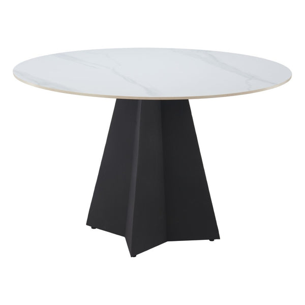 HomeRoots 48" Modern Round Dining Table with White Sintered Stone Top and Stylish Black Steel Pedestal Base 572234