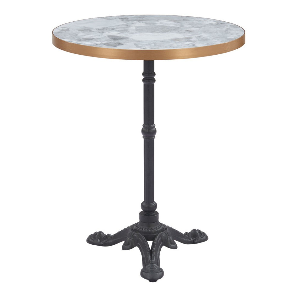 HomeRoots 24" Modern Gray and White Round Dining Table with Sleek Black Aluminum Pedestal Base for Small Spaces 572237