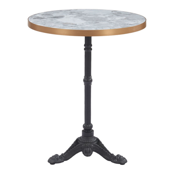 HomeRoots 24" Modern Gray and White Round Dining Table with Sleek Black Aluminum Pedestal Base for Small Spaces 572237