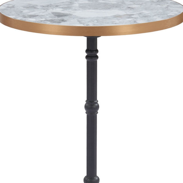 HomeRoots 24" Modern Gray and White Round Dining Table with Sleek Black Aluminum Pedestal Base for Small Spaces 572237