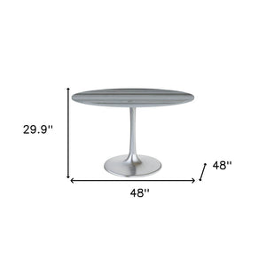 HomeRoots 48" Gray and Silver Marble Round Dining Table with Aluminum Pedestal Base for Modern Elegance 572238