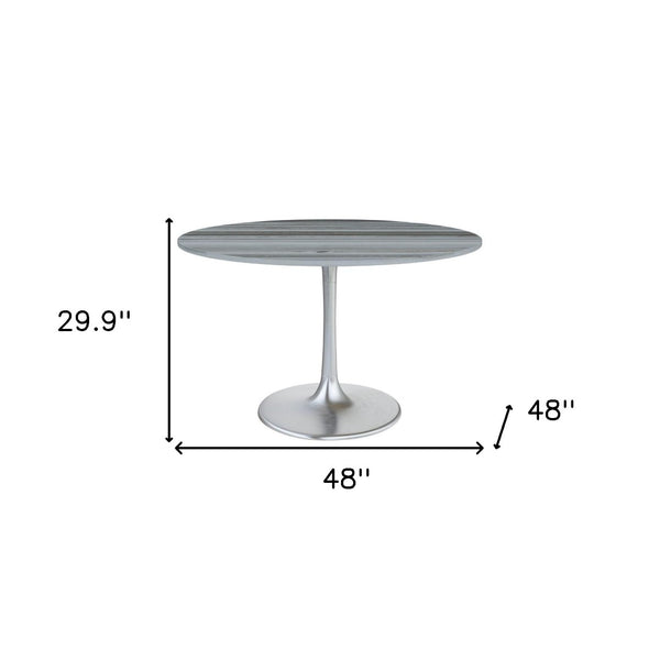 HomeRoots 48" Gray and Silver Marble Round Dining Table with Aluminum Pedestal Base for Modern Elegance 572238