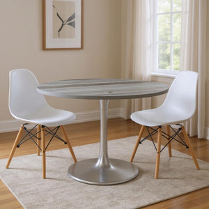 HomeRoots 48" Gray and Silver Marble Round Dining Table with Aluminum Pedestal Base for Modern Elegance 572238