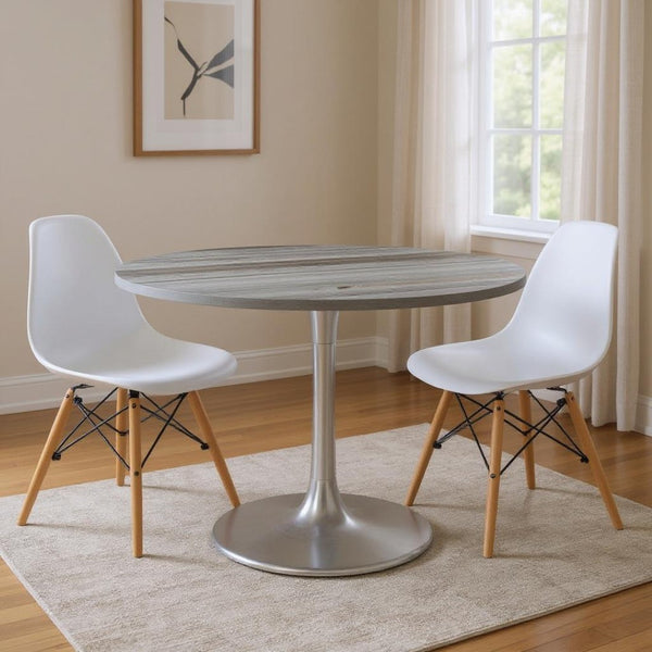 HomeRoots 48" Gray and Silver Marble Round Dining Table with Aluminum Pedestal Base for Modern Elegance 572238