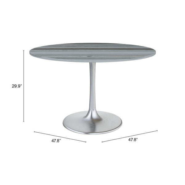 HomeRoots 48" Gray and Silver Marble Round Dining Table with Aluminum Pedestal Base for Modern Elegance 572238