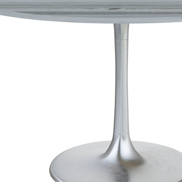 HomeRoots 48" Gray and Silver Marble Round Dining Table with Aluminum Pedestal Base for Modern Elegance 572238